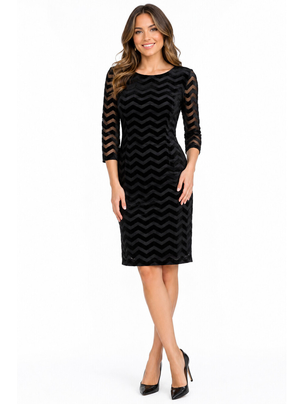 Eliza J Black Velvet Chevron Sheer Sleeve Dress Size 6 Cocktail Party Midi NWT